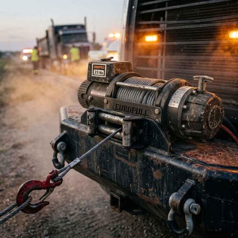 Europull EWB 25000 24V DC electric winch on recovery tow truck steel bumper